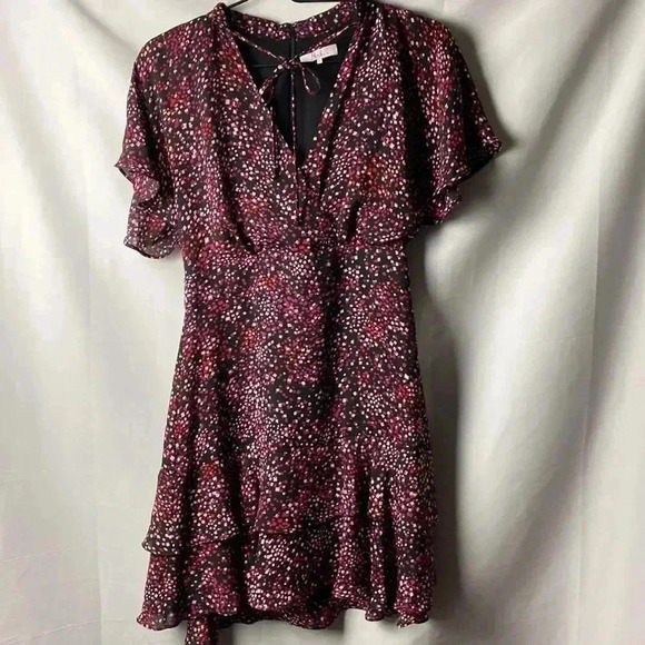 PARKER WOSIZE SMALL FLORAL DRESS RUFFLED SLEEVES BLACK W/ RED PURPLE GEO DESIGN - Picture 3 of 15